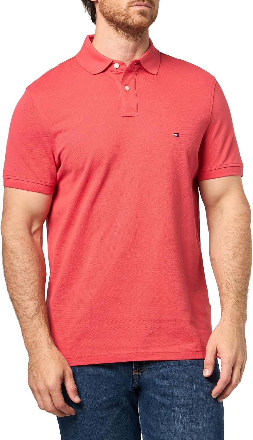 image:imageTommy Hilfiger Mens Short Sleeve Polo Shirts in Regular Fit With Stretch and Organic Pique CottonVintage Red