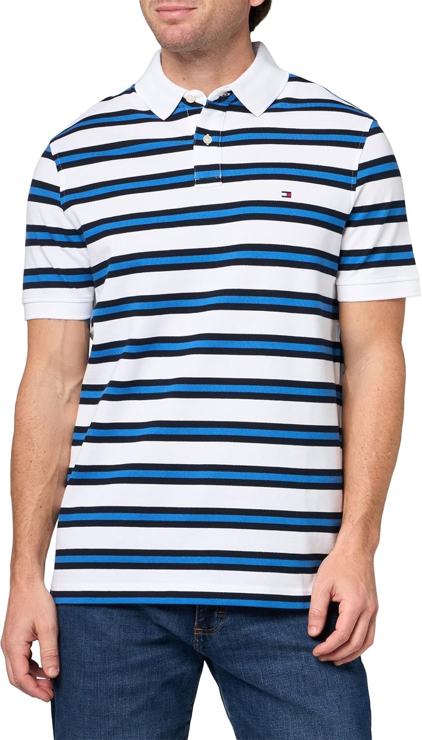 image:imageTommy Hilfiger Mens Short Sleeve Polo Shirts in Regular Fit With Stretch and Organic Pique CottonWhite Desert Sky Multi