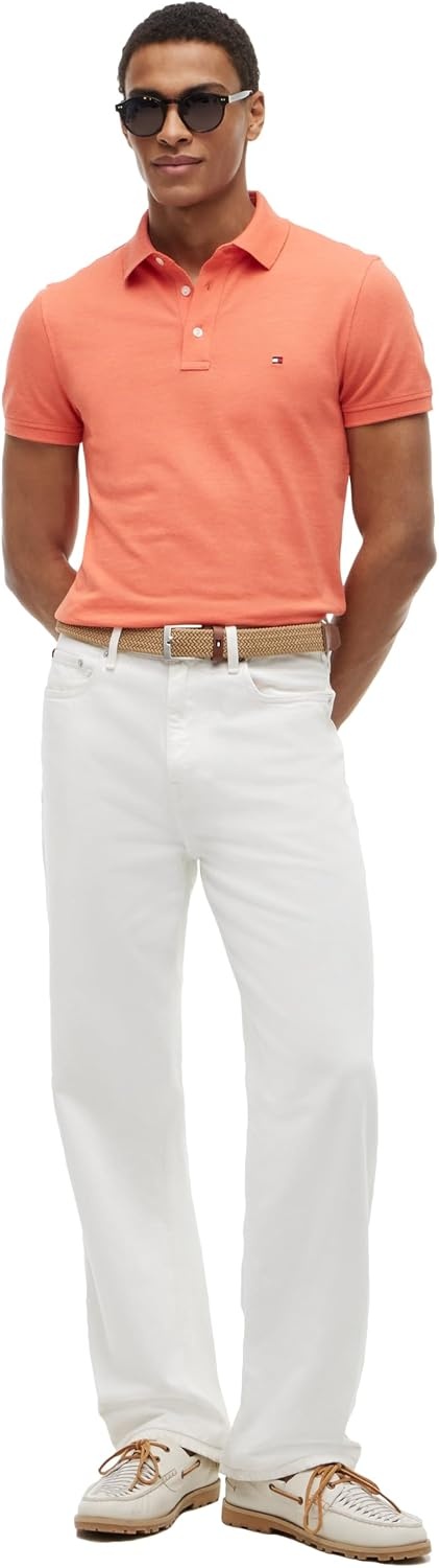 image:imageTommy Hilfiger Mens Short Sleeve Polo Shirts in Slim Fit with Stretch and Organic Pique CottonBrilliant Orange Heather