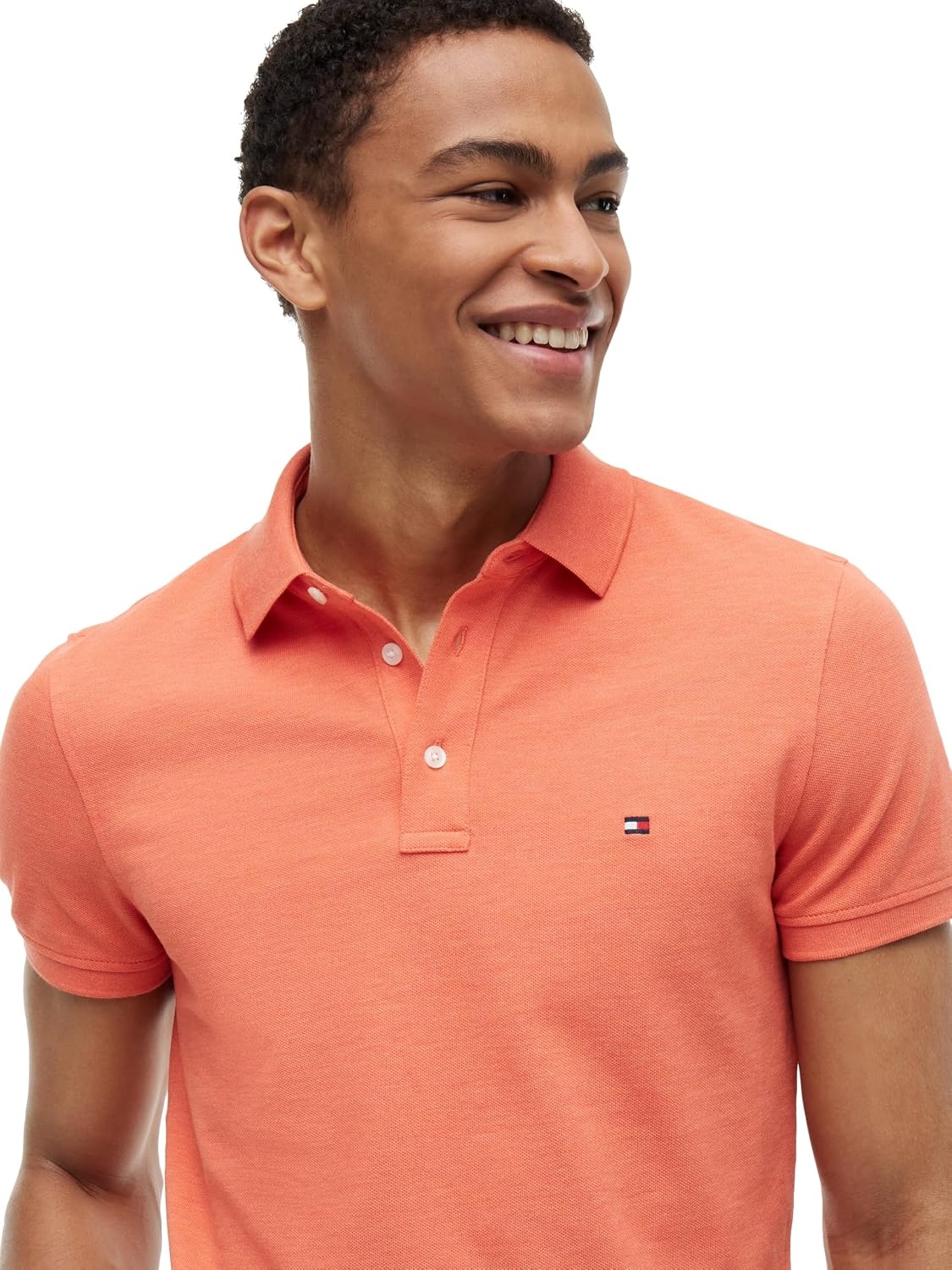 image:imageTommy Hilfiger Mens Short Sleeve Polo Shirts in Slim Fit with Stretch and Organic Pique CottonBrilliant Orange Heather