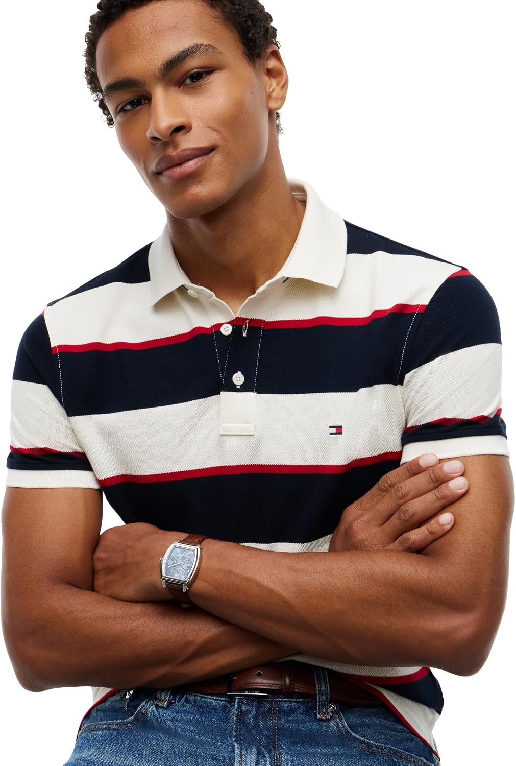 image:imageTommy Hilfiger Mens Short Sleeve Polo Shirts in Slim Fit with Stretch and Organic Pique CottonIvory Petal Navy Blue