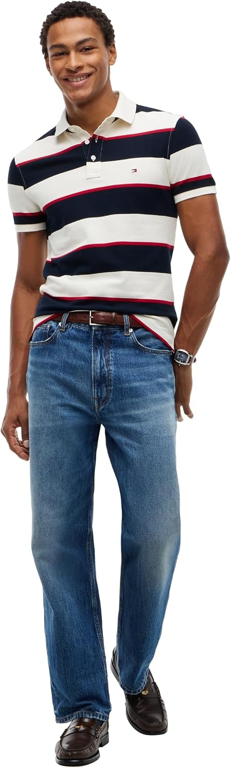 image:imageTommy Hilfiger Mens Short Sleeve Polo Shirts in Slim Fit with Stretch and Organic Pique CottonIvory Petal Navy Blue