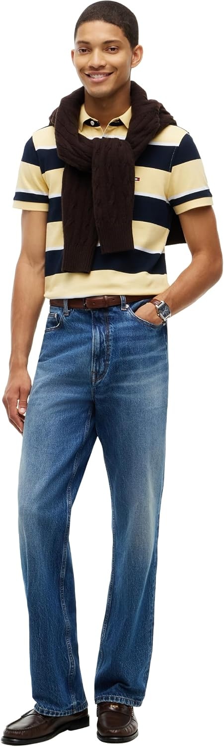 image:imageTommy Hilfiger Mens Short Sleeve Polo Shirts in Slim Fit with Stretch and Organic Pique CottonLight Daffodil Navy Blue