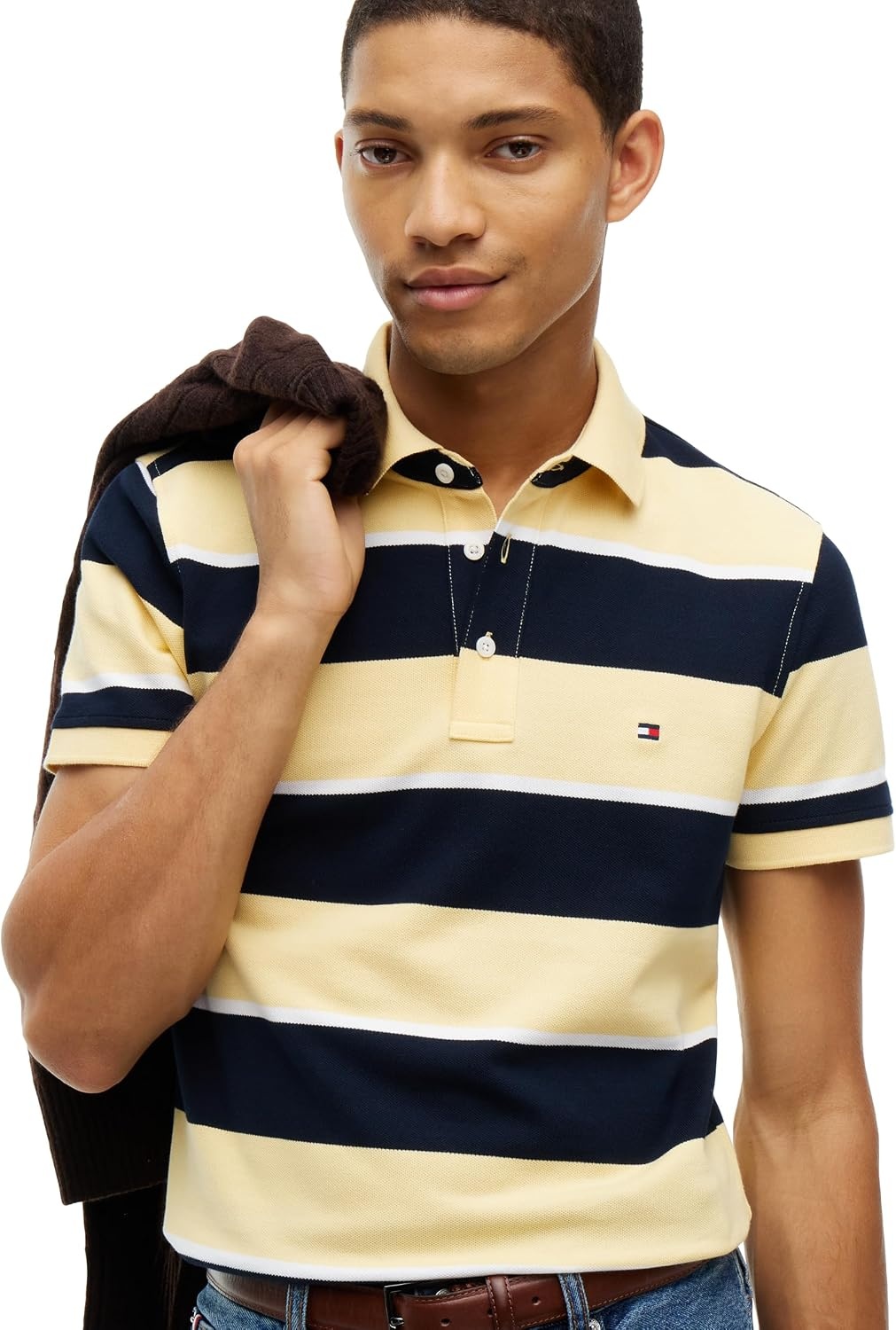 image:imageTommy Hilfiger Mens Short Sleeve Polo Shirts in Slim Fit with Stretch and Organic Pique CottonLight Daffodil Navy Blue