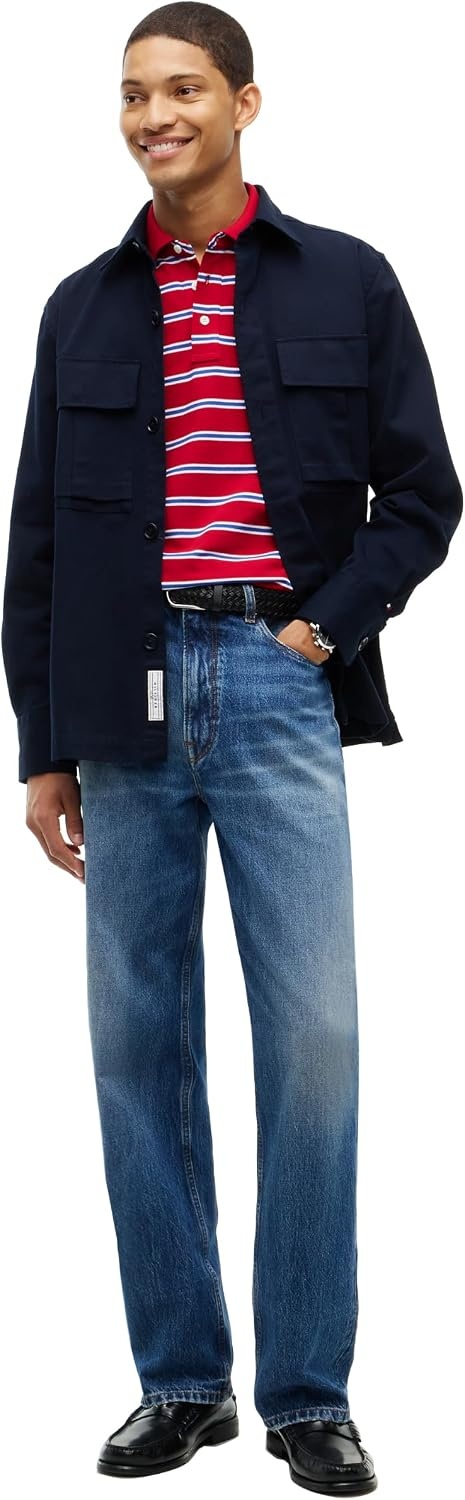 image:imageTommy Hilfiger Mens Short Sleeve Polo Shirts in Slim Fit with Stretch and Organic Pique CottonMedium Red White Ancient Blue