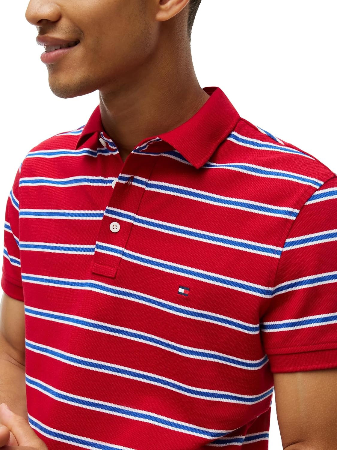 image:imageTommy Hilfiger Mens Short Sleeve Polo Shirts in Slim Fit with Stretch and Organic Pique CottonMedium Red White Ancient Blue