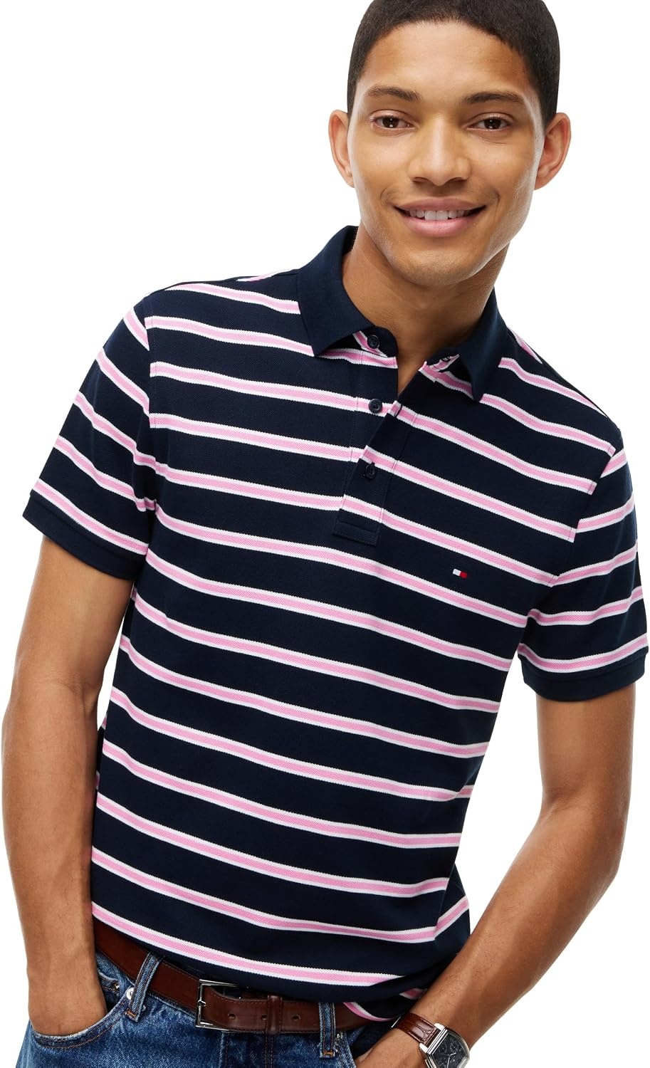 image:imageTommy Hilfiger Mens Short Sleeve Polo Shirts in Slim Fit with Stretch and Organic Pique CottonNavy Blue Synthetic Blush White