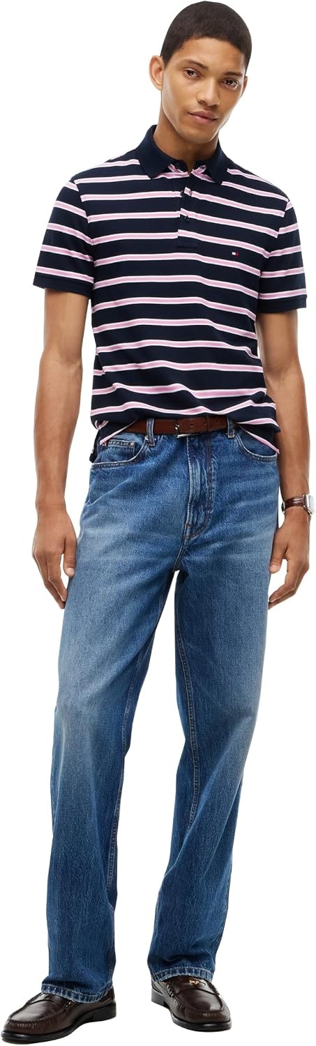 image:imageTommy Hilfiger Mens Short Sleeve Polo Shirts in Slim Fit with Stretch and Organic Pique CottonNavy Blue Synthetic Blush White