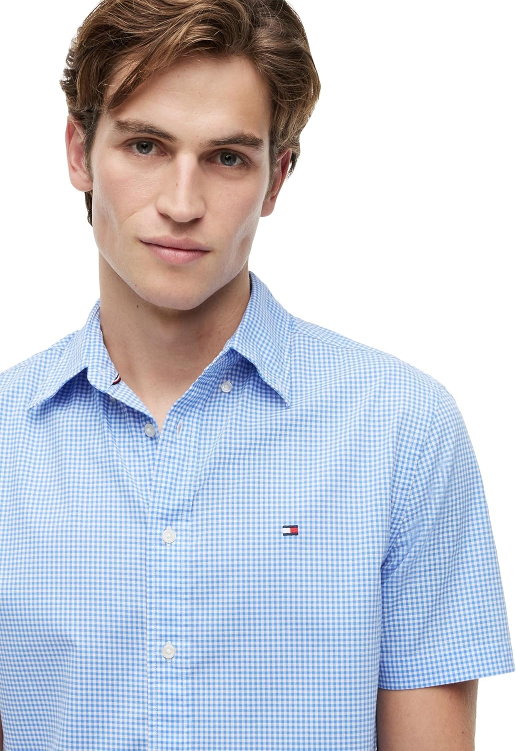 image:imageTommy Hilfiger Mens Short Sleeve Poplin Shirts in Regular Fit Mens Button Down ShirtsBlue Spell Check