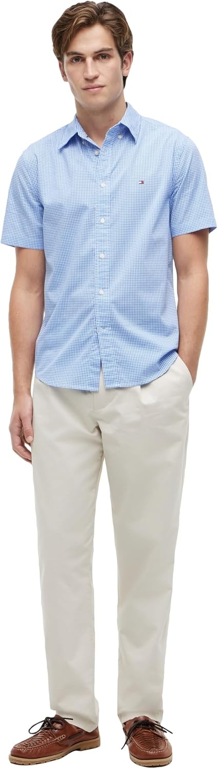 image:imageTommy Hilfiger Mens Short Sleeve Poplin Shirts in Regular Fit Mens Button Down ShirtsBlue Spell Check