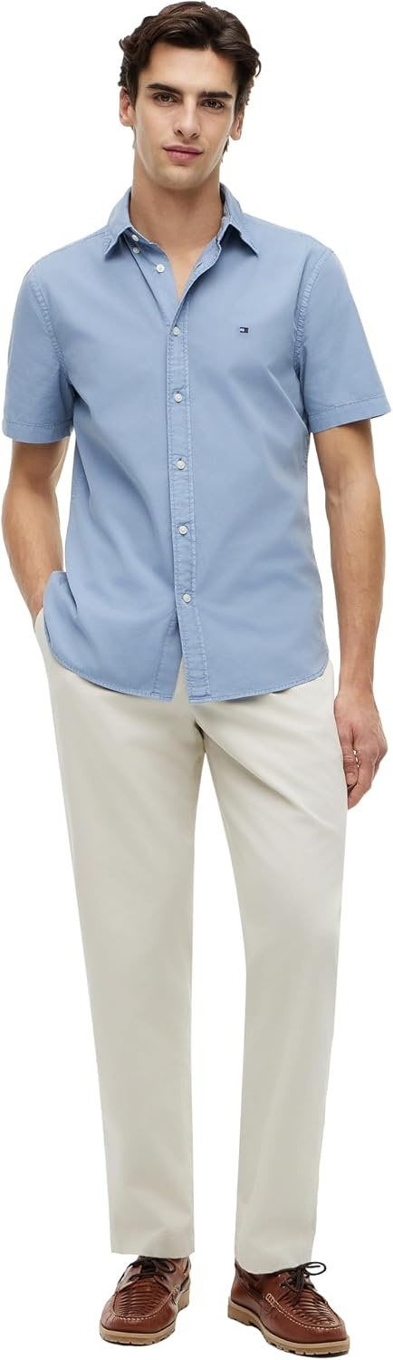 image:imageTommy Hilfiger Mens Short Sleeve Poplin Shirts in Regular Fit Mens Button Down ShirtsBrisk Blue