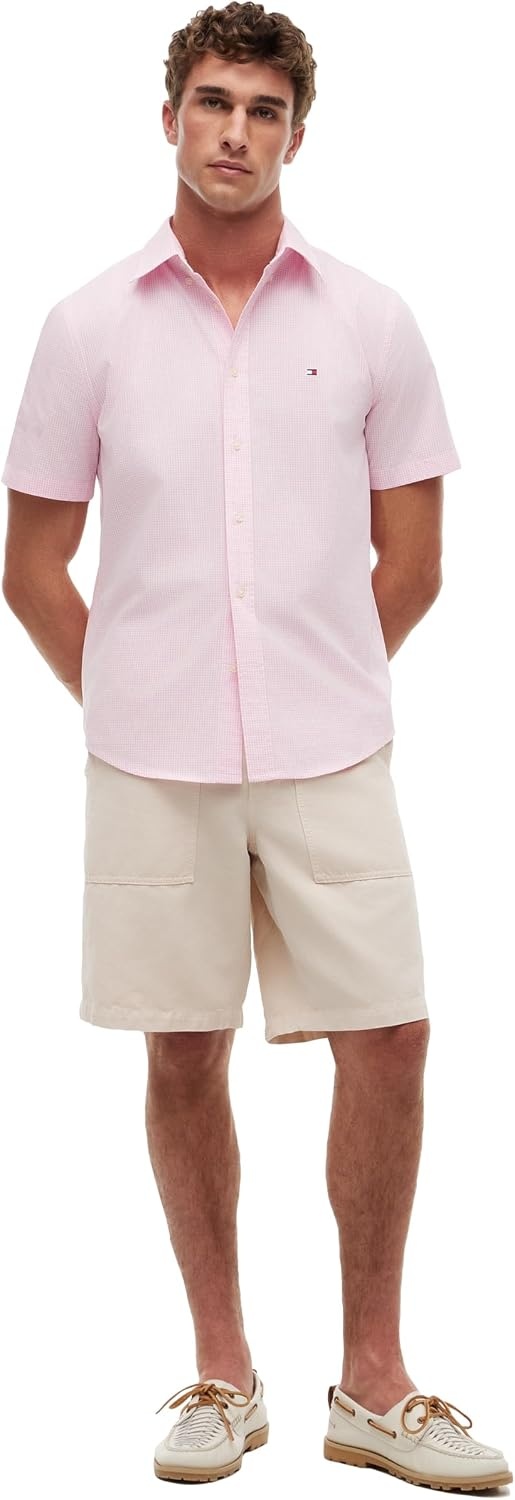 image:imageTommy Hilfiger Mens Short Sleeve Poplin Shirts in Regular Fit Mens Button Down ShirtsClassic Pink White Check