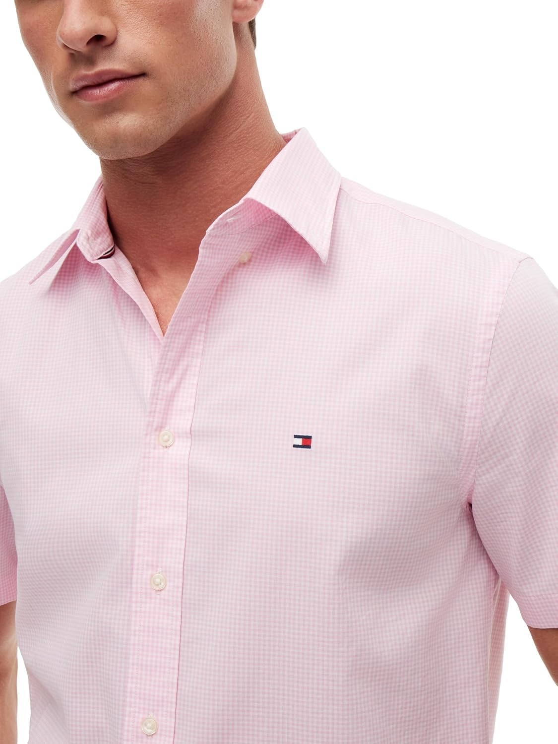image:imageTommy Hilfiger Mens Short Sleeve Poplin Shirts in Regular Fit Mens Button Down ShirtsClassic Pink White Check