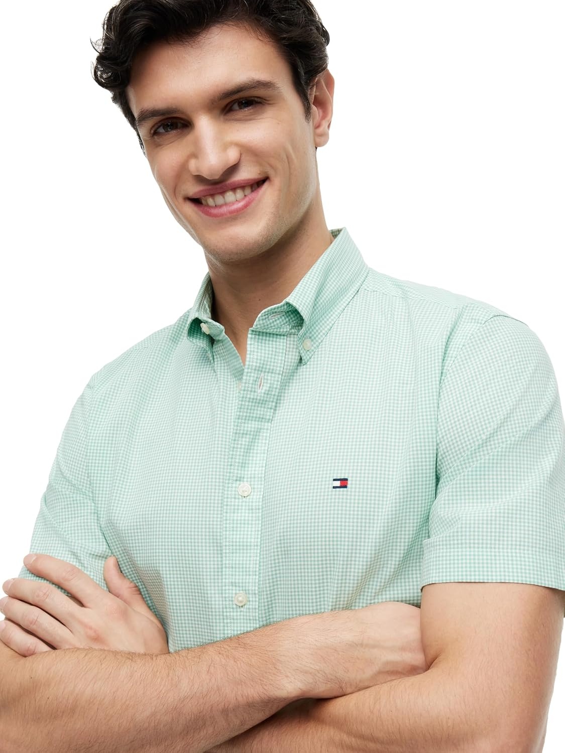 image:imageTommy Hilfiger Mens Short Sleeve Poplin Shirts in Regular Fit Mens Button Down ShirtsCut Grass Check
