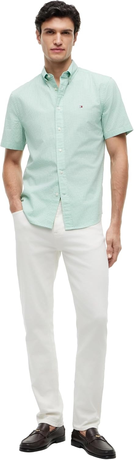 image:imageTommy Hilfiger Mens Short Sleeve Poplin Shirts in Regular Fit Mens Button Down ShirtsCut Grass Check