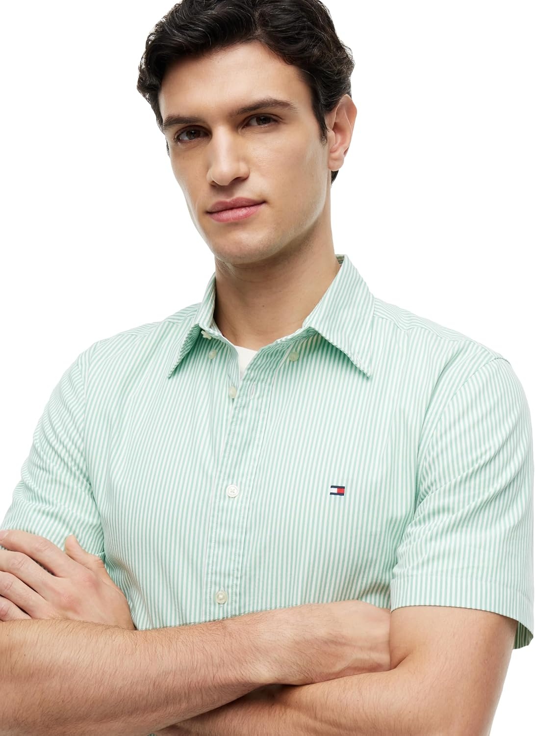 image:imageTommy Hilfiger Mens Short Sleeve Poplin Shirts in Regular Fit Mens Button Down ShirtsCut Grass Stripe