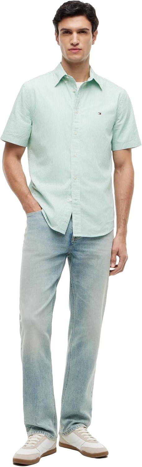 image:imageTommy Hilfiger Mens Short Sleeve Poplin Shirts in Regular Fit Mens Button Down ShirtsCut Grass Stripe