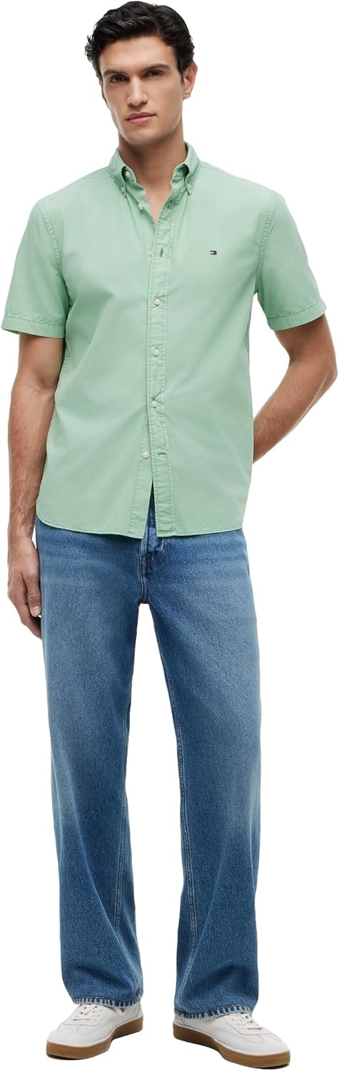 image:imageTommy Hilfiger Mens Short Sleeve Poplin Shirts in Regular Fit Mens Button Down ShirtsCut Grass