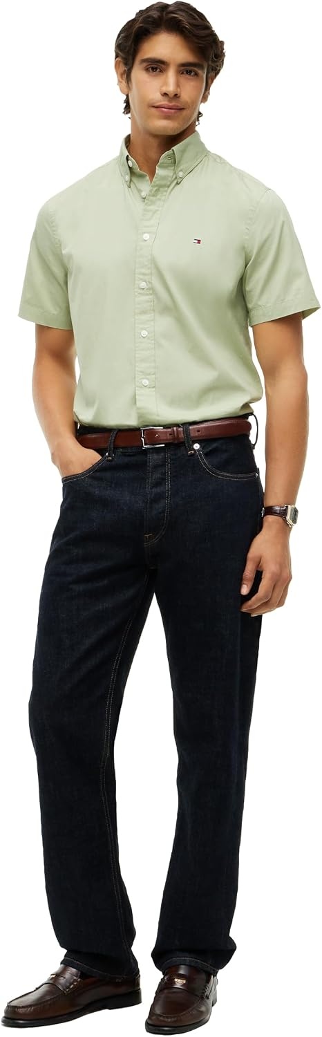 image:imageTommy Hilfiger Mens Short Sleeve Poplin Shirts in Regular Fit Mens Button Down ShirtsEarth Sage
