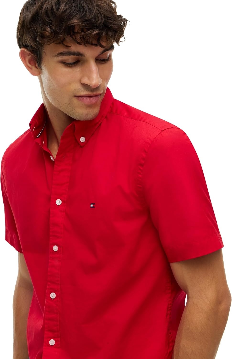 image:imageTommy Hilfiger Mens Short Sleeve Poplin Shirts in Regular Fit Mens Button Down ShirtsMedium Red