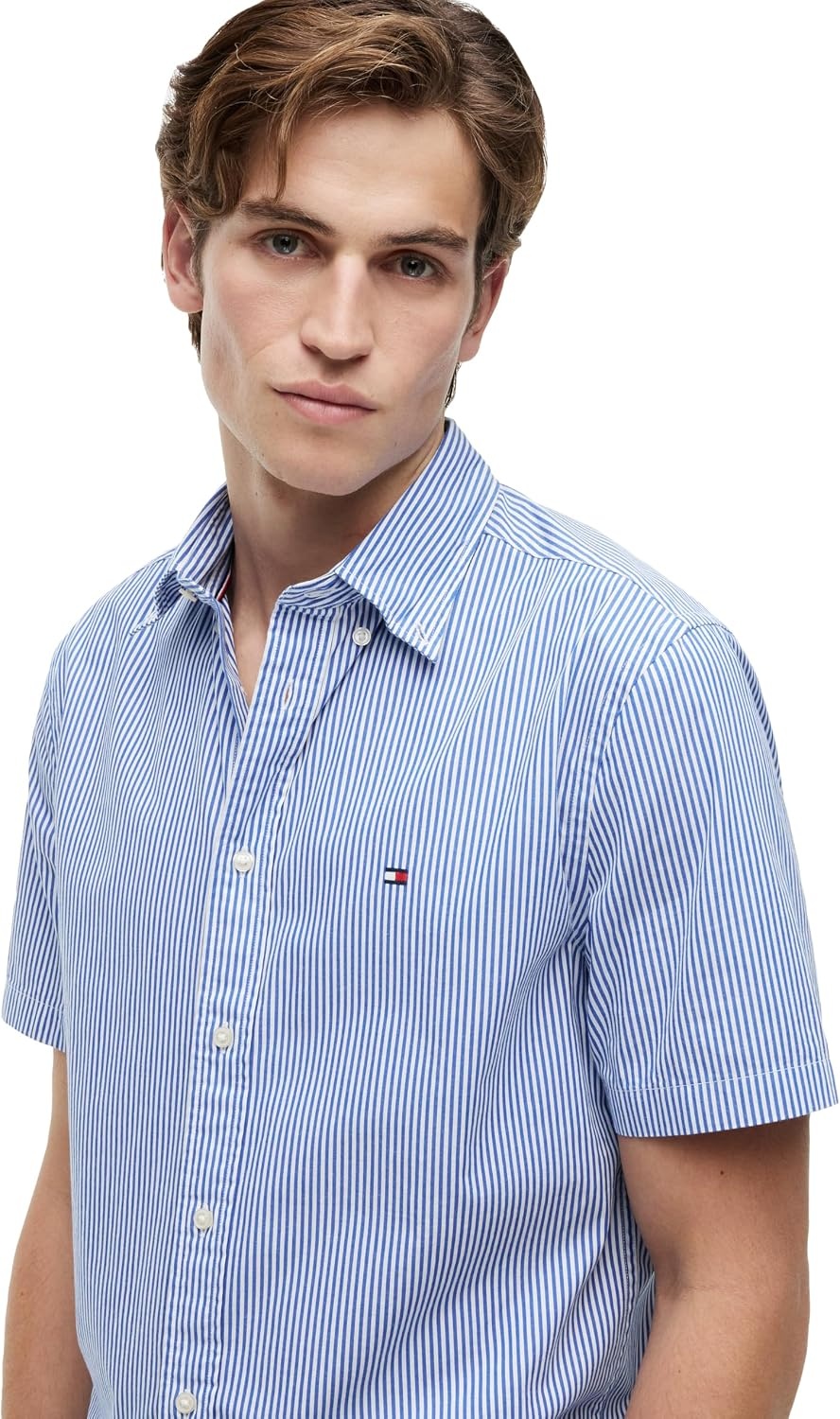 image:imageTommy Hilfiger Mens Short Sleeve Poplin Shirts in Regular Fit Mens Button Down ShirtsRegal Blue Stripe