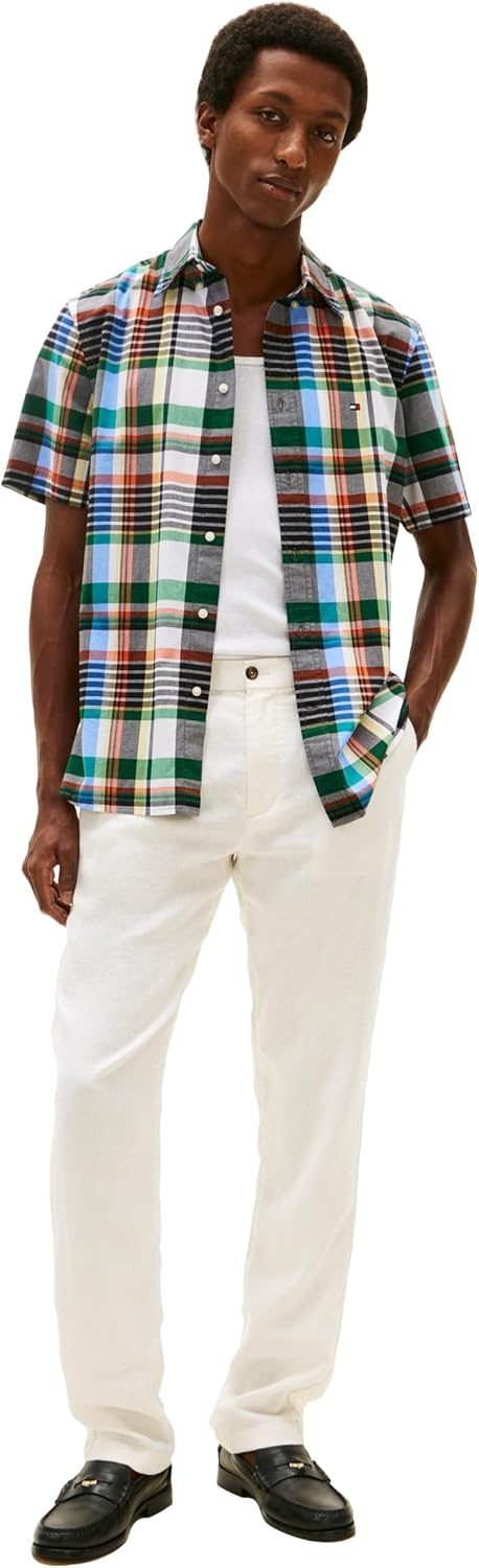 image:imageTommy Hilfiger Mens Short Sleeve Poplin Shirts in Regular Fit Mens Button Down ShirtsWhite Check Opt B