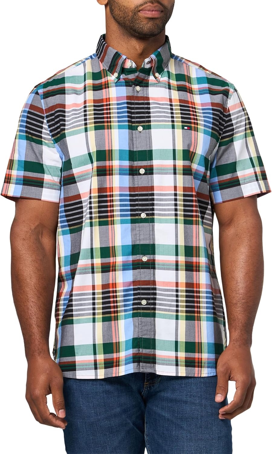 image:imageTommy Hilfiger Mens Short Sleeve Poplin Shirts in Regular Fit Mens Button Down ShirtsWhite Check Opt B