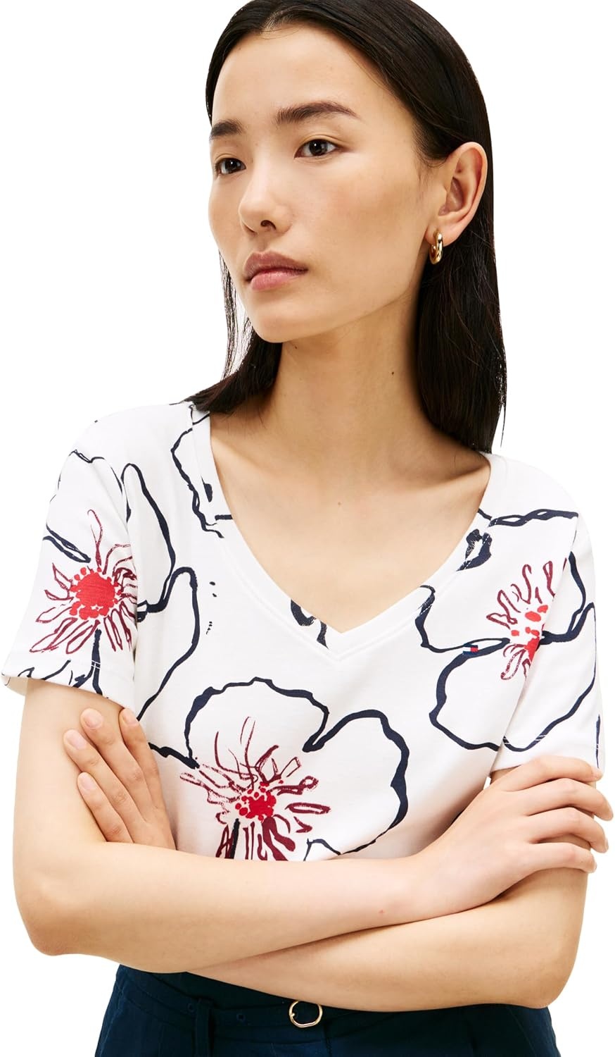 image:imageTommy Hilfiger Womens Basic Short Sleeve Cotton VNeck TShirtLinear Poppy Watercolor