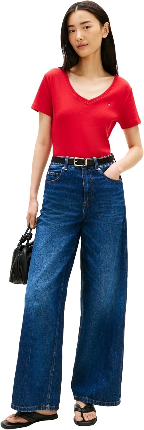 image:imageTommy Hilfiger Womens Basic Short Sleeve Cotton VNeck TShirtPrimary Red