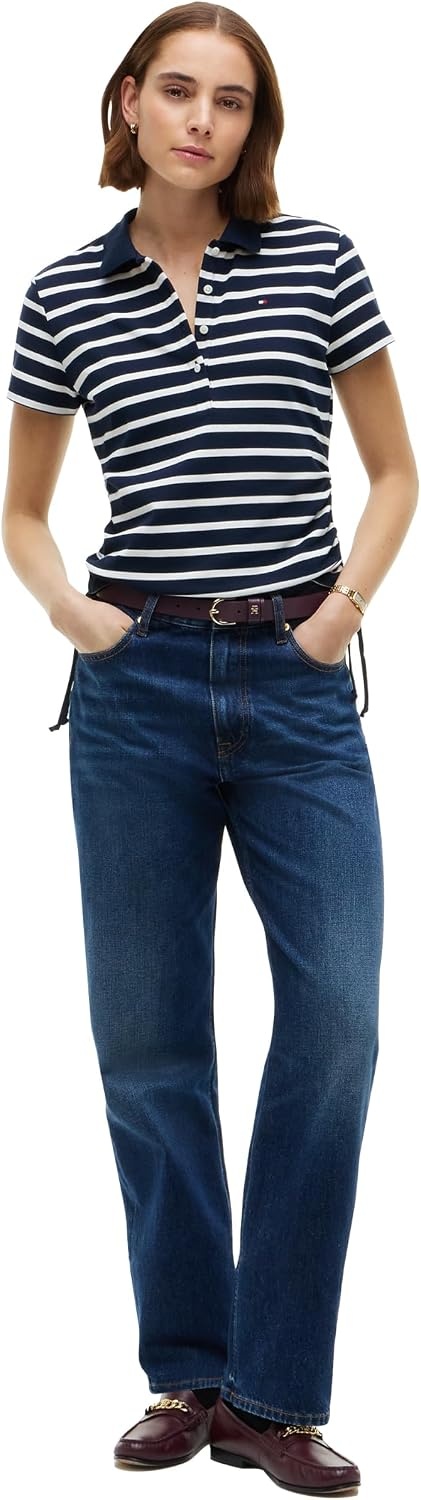 image:imageTommy Hilfiger Womens Cotton Pique Short Sleeve Polo Shirt in Classic Fit with StretchBreton Stripe Dark Blue Ecru
