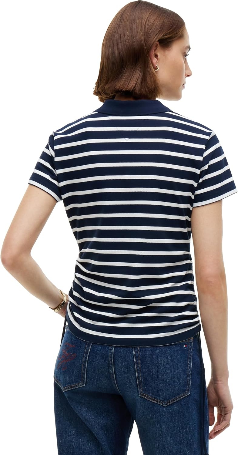 image:imageTommy Hilfiger Womens Cotton Pique Short Sleeve Polo Shirt in Classic Fit with StretchBreton Stripe Dark Blue Ecru