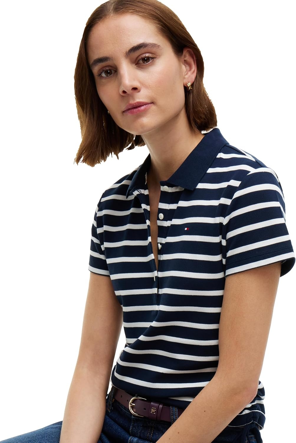 image:imageTommy Hilfiger Womens Cotton Pique Short Sleeve Polo Shirt in Classic Fit with StretchBreton Stripe Dark Blue Ecru