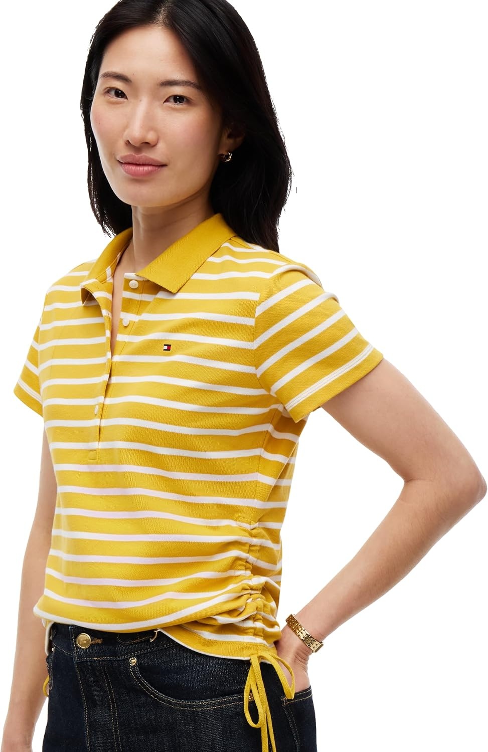 image:imageTommy Hilfiger Womens Cotton Pique Short Sleeve Polo Shirt in Classic Fit with StretchBreton Stripe Ornamental Yellow Ecru