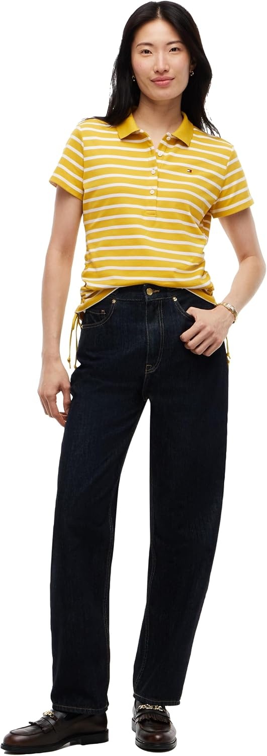 image:imageTommy Hilfiger Womens Cotton Pique Short Sleeve Polo Shirt in Classic Fit with StretchBreton Stripe Ornamental Yellow Ecru