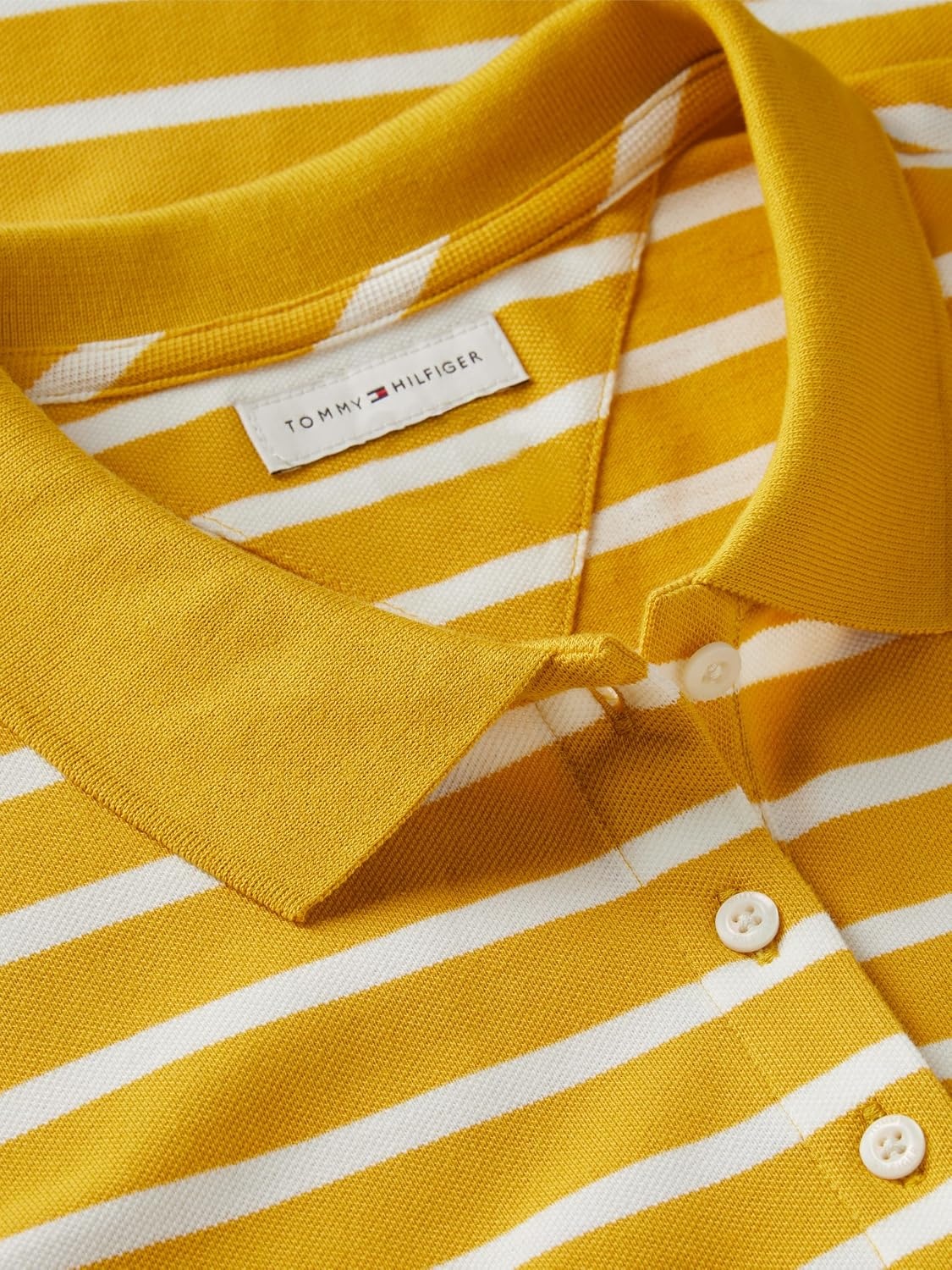 image:imageTommy Hilfiger Womens Cotton Pique Short Sleeve Polo Shirt in Classic Fit with StretchBreton Stripe Ornamental Yellow Ecru