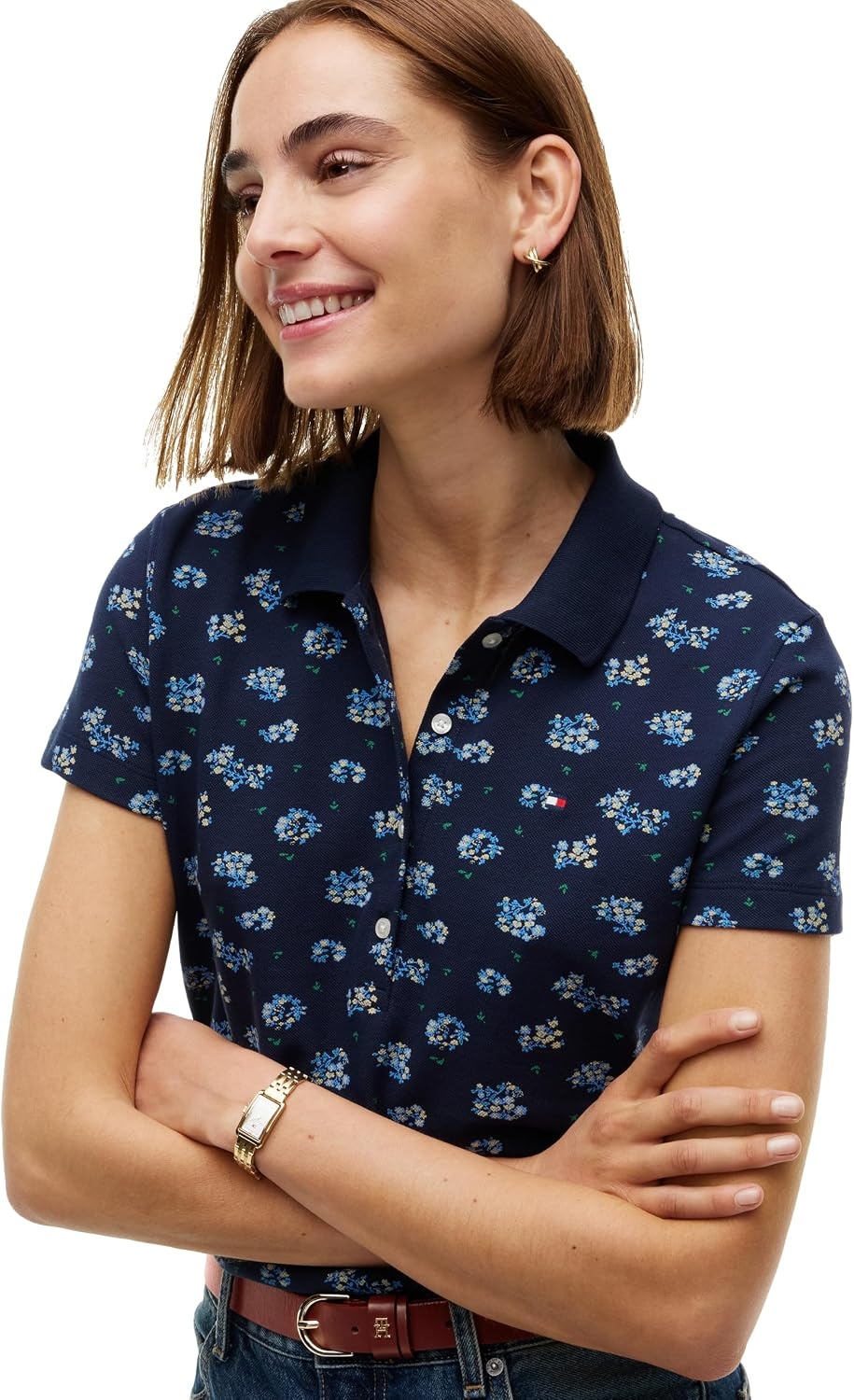 image:imageTommy Hilfiger Womens Cotton Pique Short Sleeve Polo Shirt in Classic Fit with StretchTraditional Floral Dark Blue