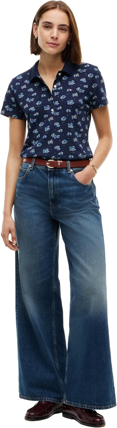 image:imageTommy Hilfiger Womens Cotton Pique Short Sleeve Polo Shirt in Classic Fit with StretchTraditional Floral Dark Blue