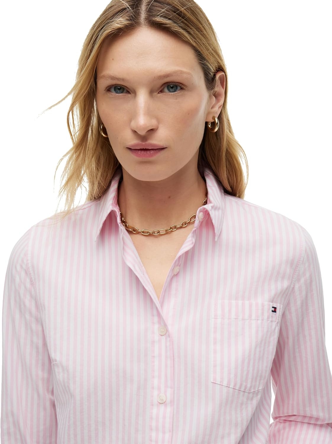 image:imageTommy Hilfiger Womens Cotton Poplin Long Sleeve Button Down Shirt in Regular Fit with Roll Up SleeveBanker Stripe WhiteClassic Pink