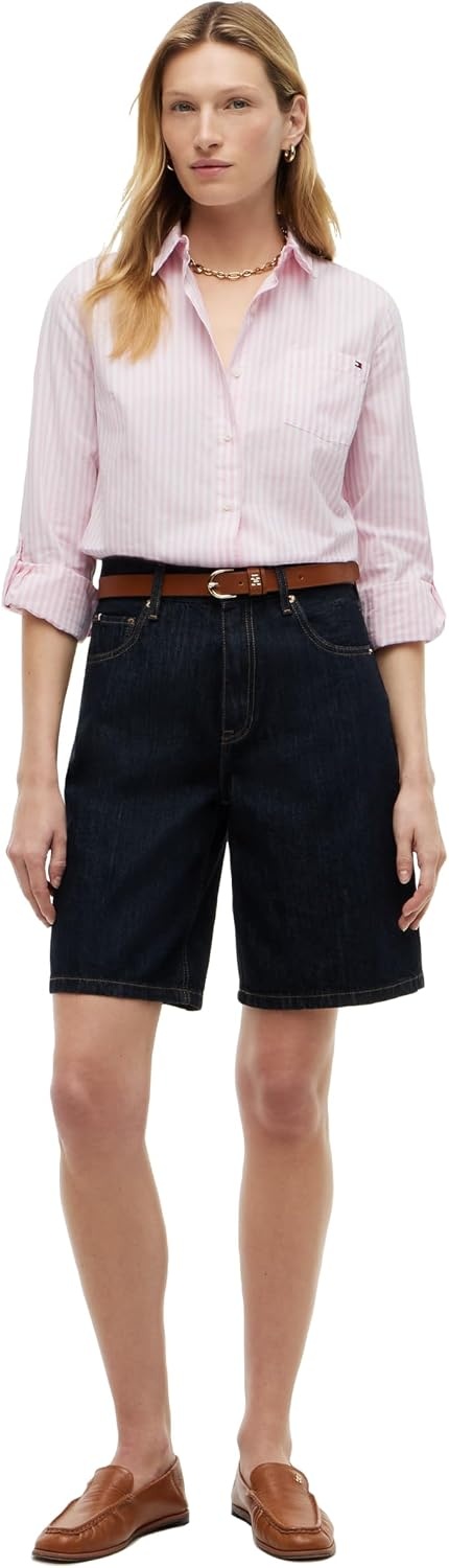 image:imageTommy Hilfiger Womens Cotton Poplin Long Sleeve Button Down Shirt in Regular Fit with Roll Up SleeveBanker Stripe WhiteClassic Pink