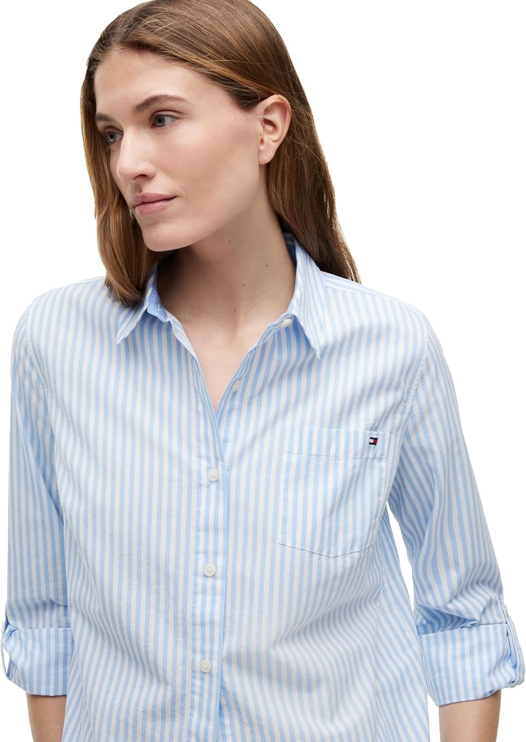 image:imageTommy Hilfiger Womens Cotton Poplin Long Sleeve Button Down Shirt in Regular Fit with Roll Up SleeveBanker Stripe WhiteVessel Blue
