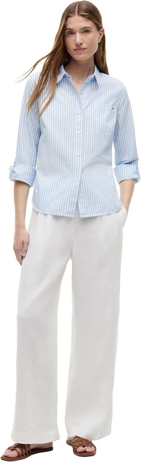 image:imageTommy Hilfiger Womens Cotton Poplin Long Sleeve Button Down Shirt in Regular Fit with Roll Up SleeveBanker Stripe WhiteVessel Blue