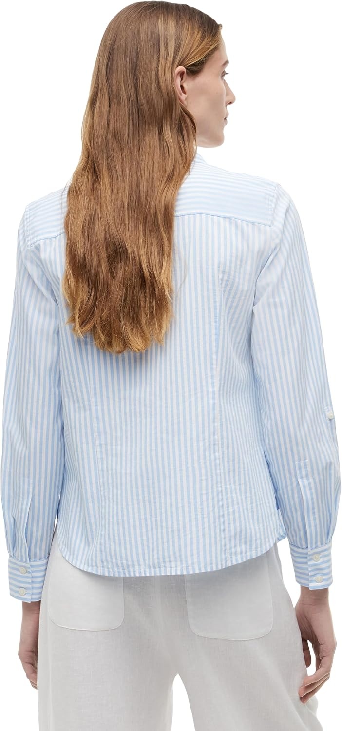 image:imageTommy Hilfiger Womens Cotton Poplin Long Sleeve Button Down Shirt in Regular Fit with Roll Up SleeveBanker Stripe WhiteVessel Blue