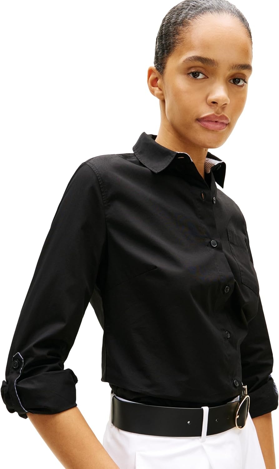 image:imageTommy Hilfiger Womens Cotton Poplin Long Sleeve Button Down Shirt in Regular Fit with Roll Up SleeveBlack