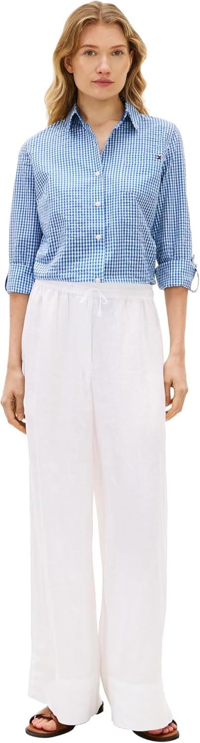 image:imageTommy Hilfiger Womens Cotton Poplin Long Sleeve Button Down Shirt in Regular Fit with Roll Up SleeveBlue Orbit Ecru Gingham