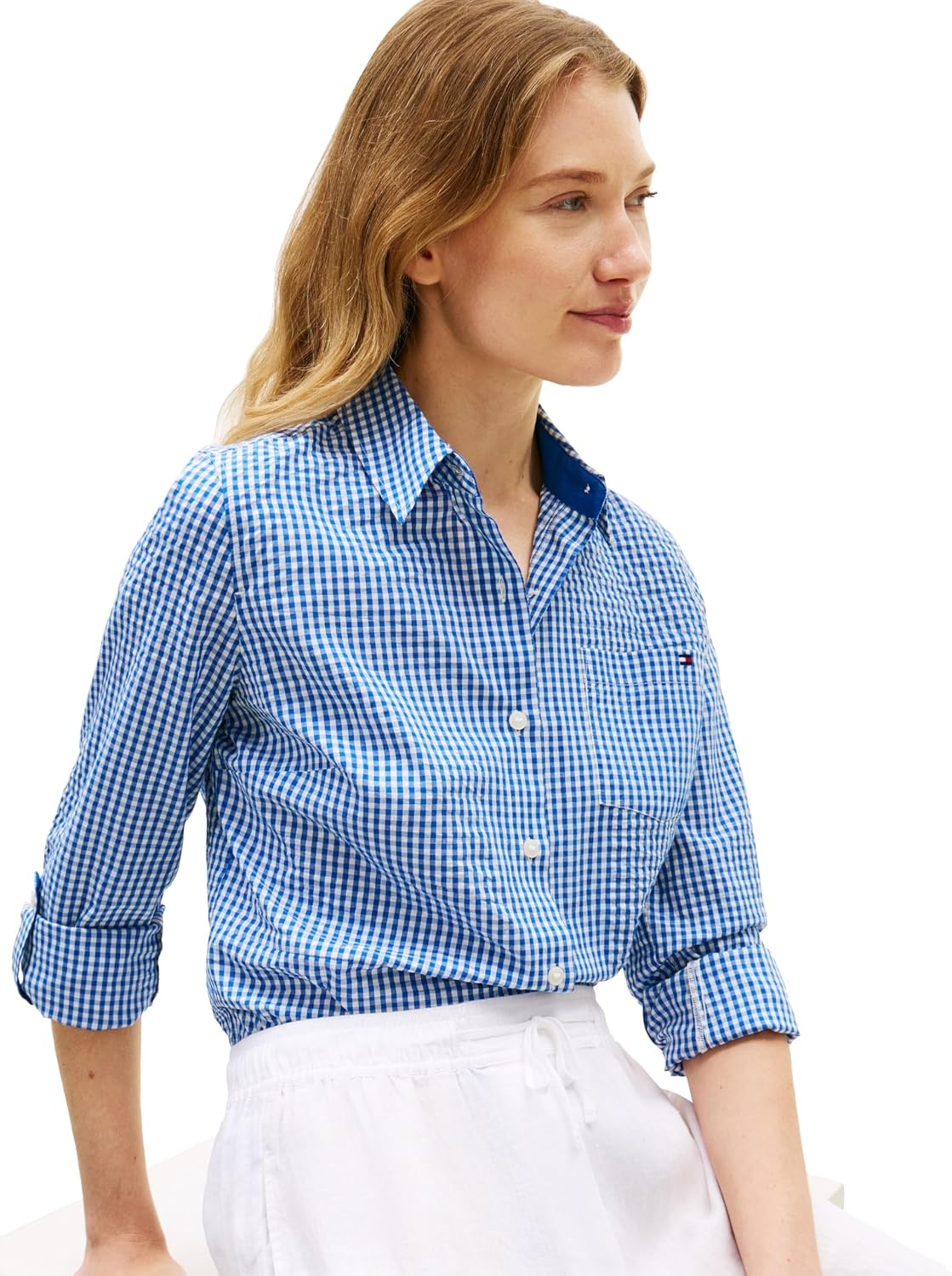 image:imageTommy Hilfiger Womens Cotton Poplin Long Sleeve Button Down Shirt in Regular Fit with Roll Up SleeveBlue Orbit Ecru Gingham