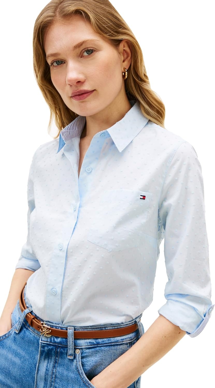 image:imageTommy Hilfiger Womens Cotton Poplin Long Sleeve Button Down Shirt in Regular Fit with Roll Up SleeveBreezy Blue