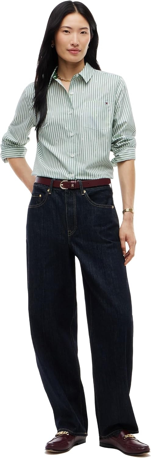 image:imageTommy Hilfiger Womens Cotton Poplin Long Sleeve Button Down Shirt in Regular Fit with Roll Up SleeveBroadway Flag Print Ecru Evergreen