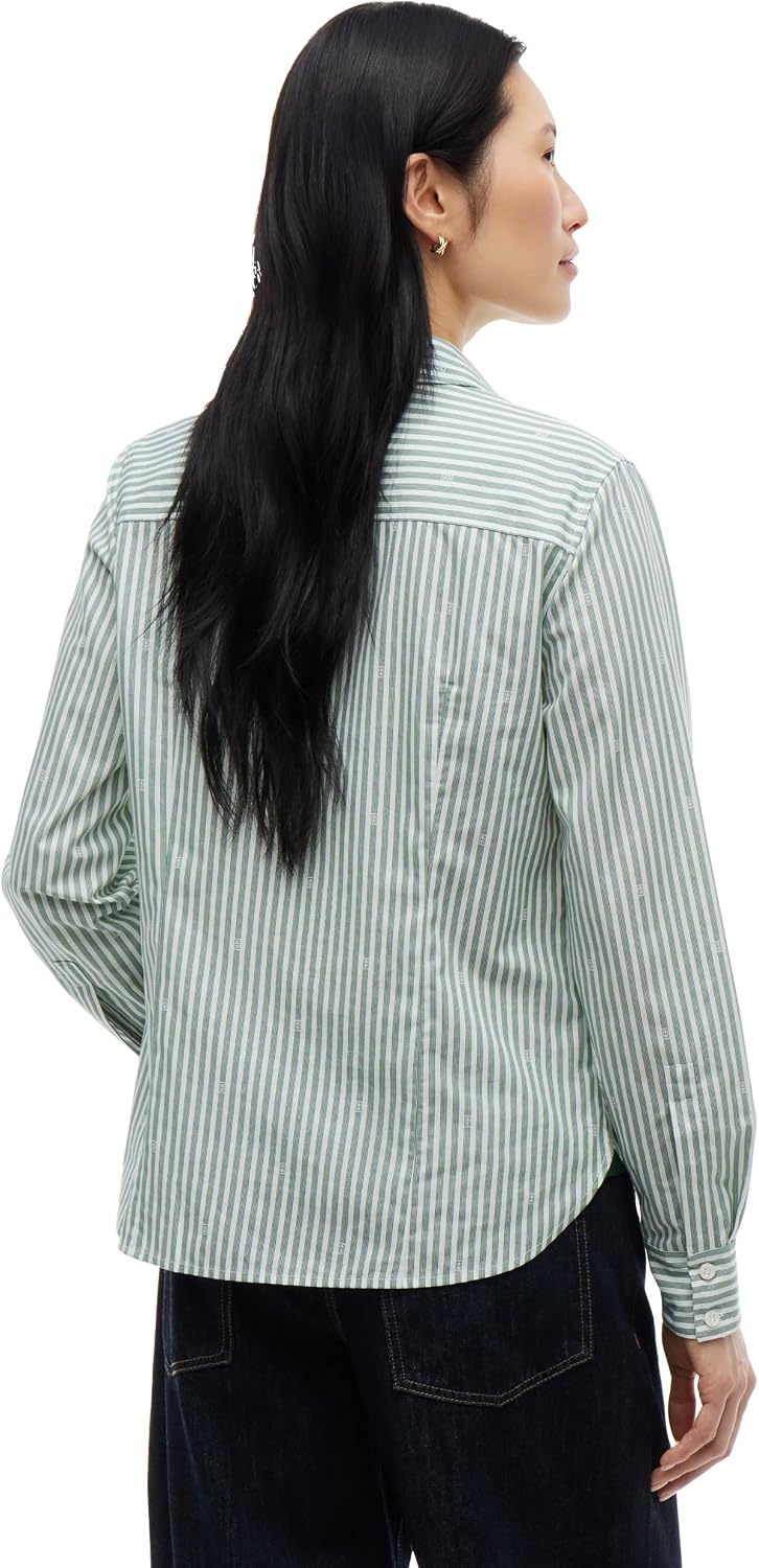 image:imageTommy Hilfiger Womens Cotton Poplin Long Sleeve Button Down Shirt in Regular Fit with Roll Up SleeveBroadway Flag Print Ecru Evergreen