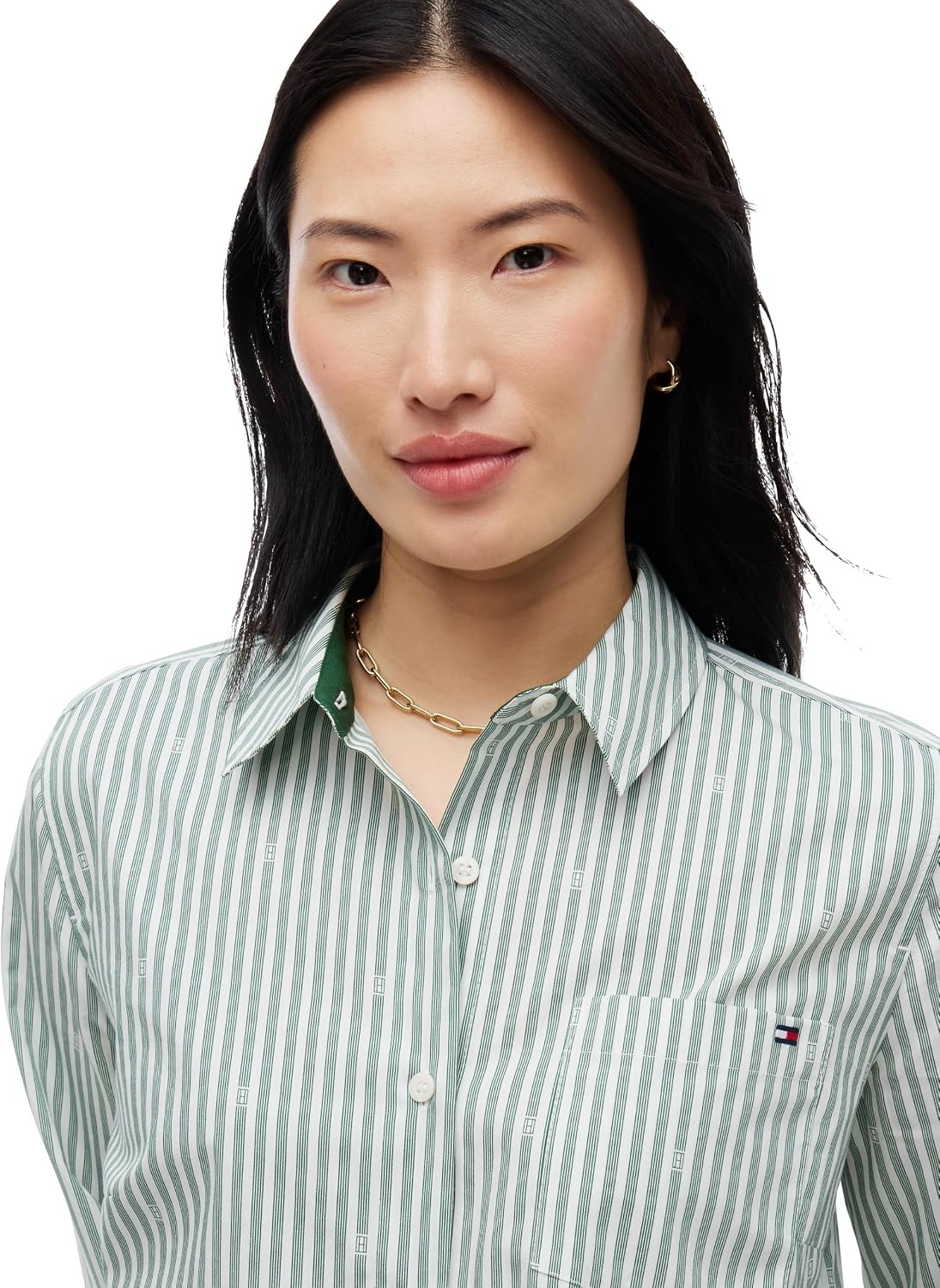 image:imageTommy Hilfiger Womens Cotton Poplin Long Sleeve Button Down Shirt in Regular Fit with Roll Up SleeveBroadway Flag Print Ecru Evergreen