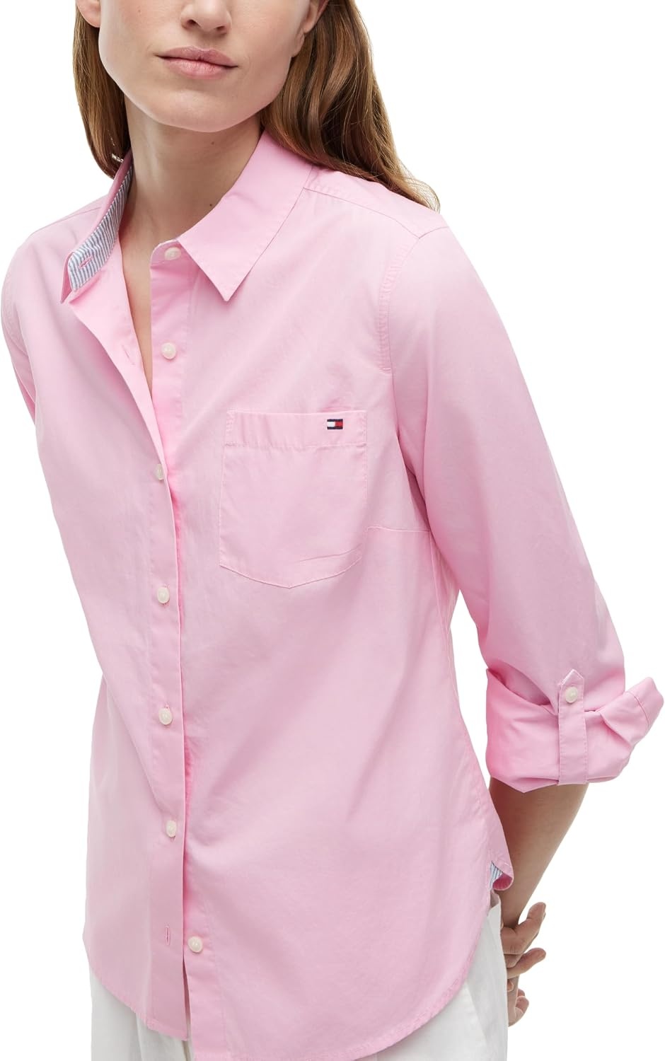 image:imageTommy Hilfiger Womens Cotton Poplin Long Sleeve Button Down Shirt in Regular Fit with Roll Up SleeveClassic Pink